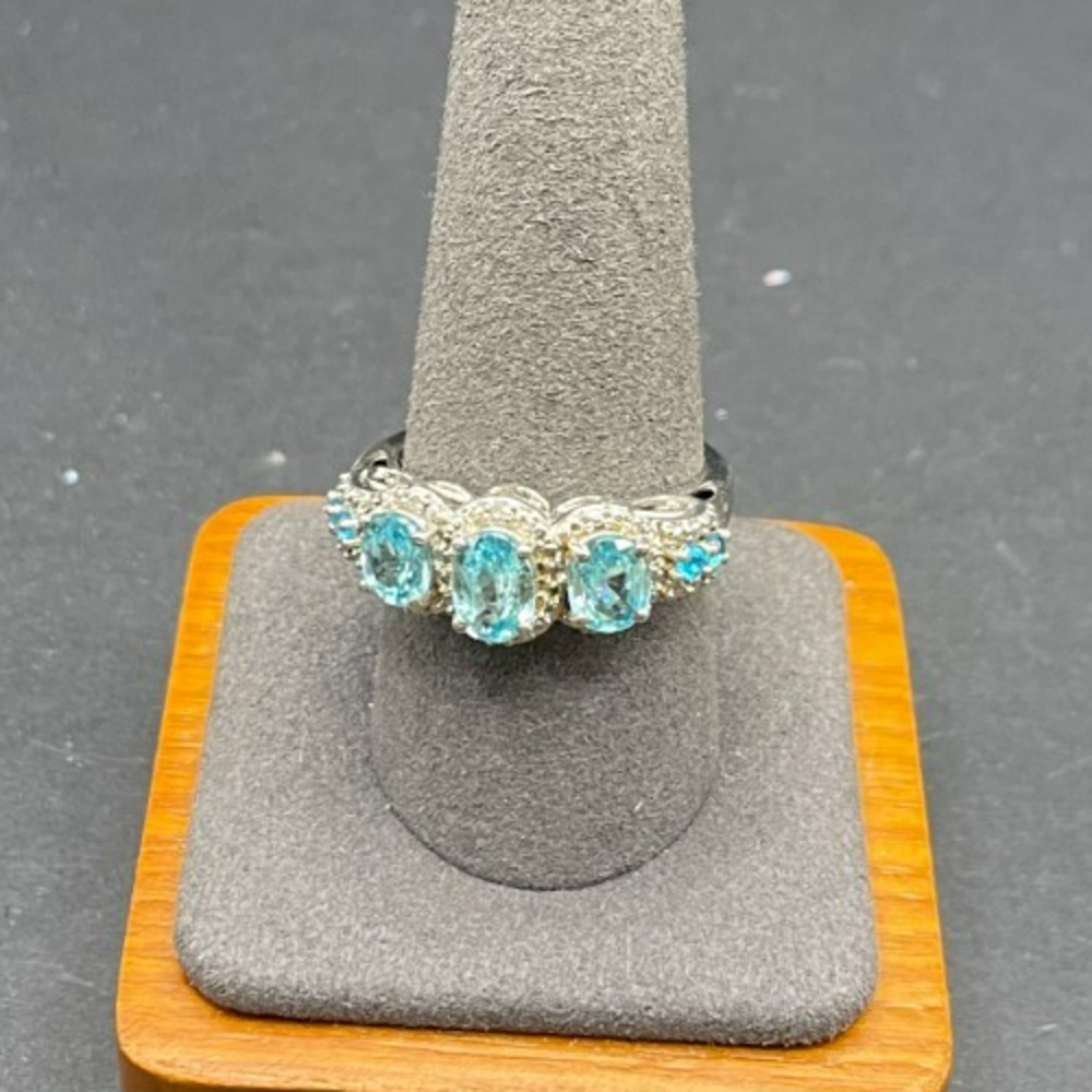 925 Sterling Silver Blue Topaz Filigree 5 Stone Band Cocktail Ring Size 9.75